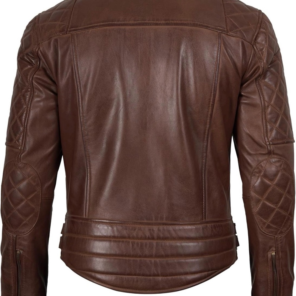 Men's Quilted Asymmetrical Cognac Leather Biker Fashion Jacket, XS - Picture 2 of 10